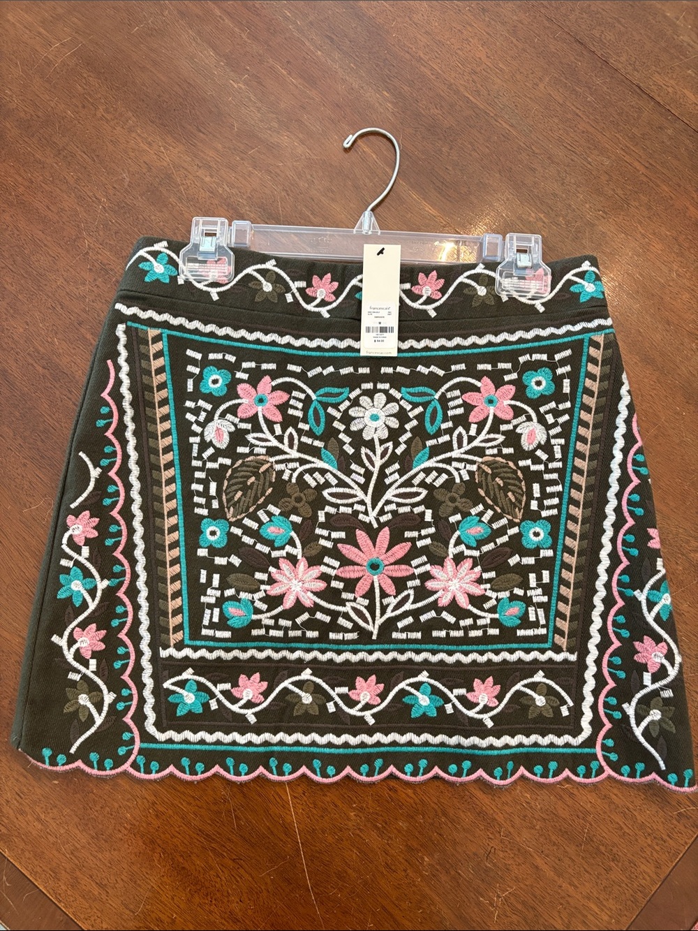 Francesca's Collections Olive Embroidered Mini Skirt with Pink & Teal Flowers